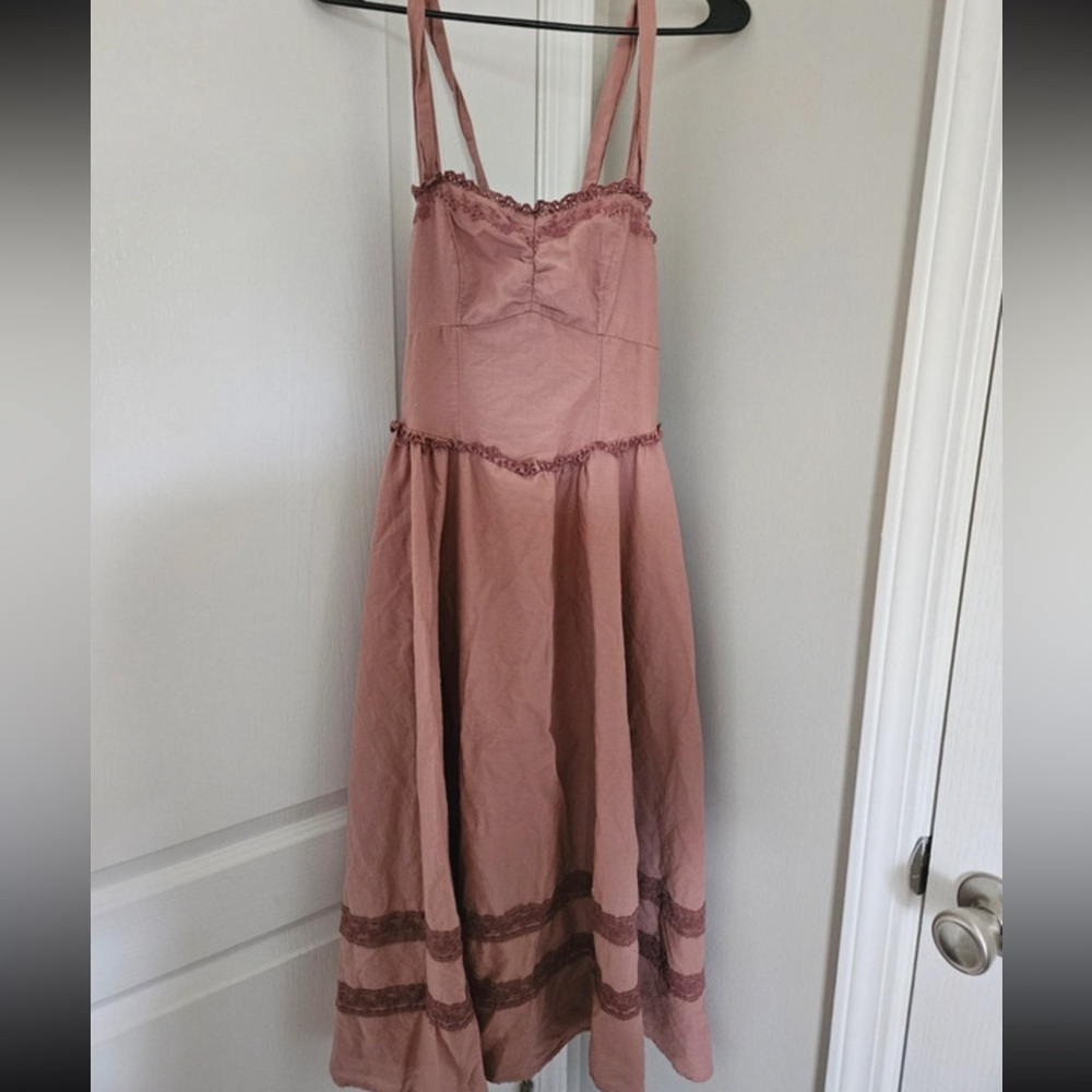 American Eagle Corset Mauve Pink Lace-Trim Midi Dress